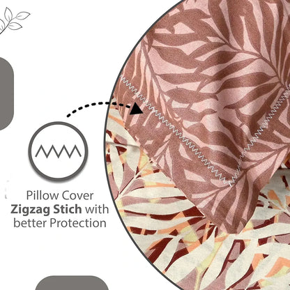 Divine Casa 144 TC 100% Cotton Double Bedsheet with 2 Pillow Covers Tropical Leaf Colour Cream Brown