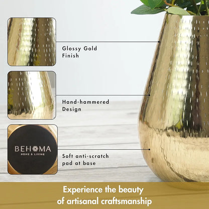 Behoma Drop Shape Metal Hammered Flower Vase Golden 2 Pcs Flowers not Included