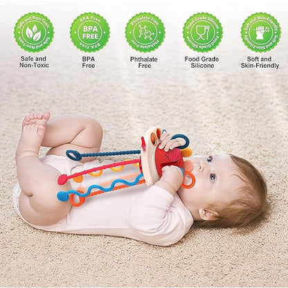 Kidology Montessori Teething Toy Set for Toddlers Food-Grade Pull String UFO Red