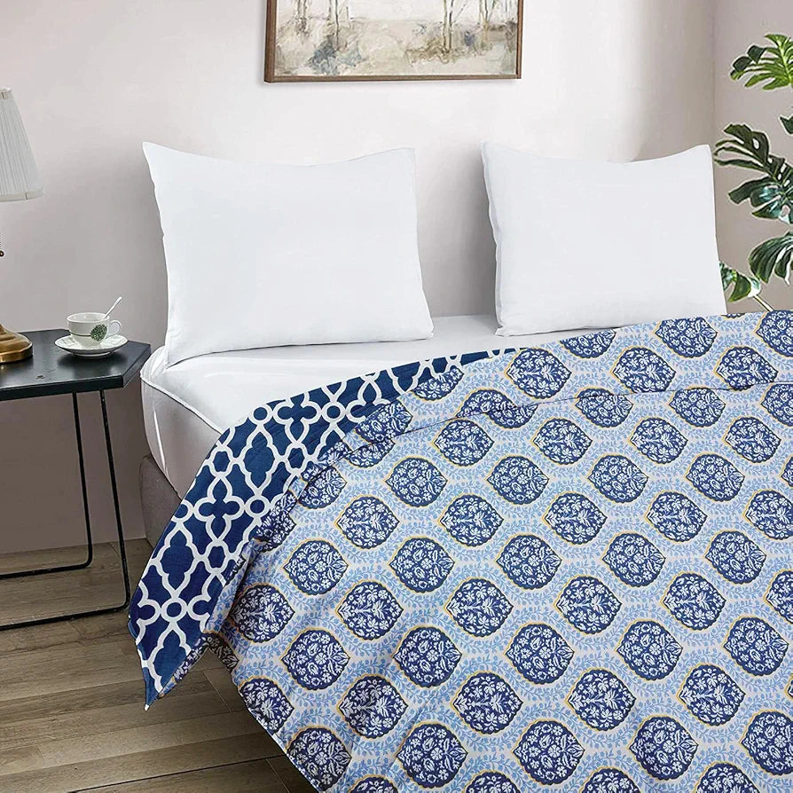 Cloth Fusion Reversible Dohar Single Bed Soft Cotton Blend AC Blanket for Summer Blue Leaves