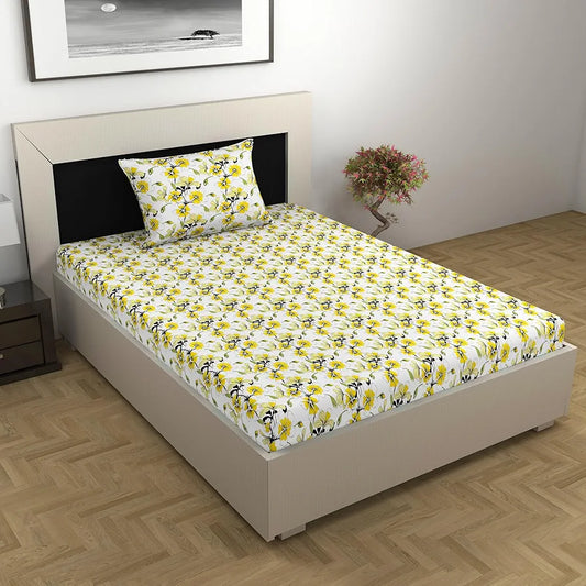 Divine Casa Bedsheet for Single Size Bed 144 TC Cotton Bedsheet for Single Size Bed with 1 Pillow Cover  Floral Colour Golden Daffodil