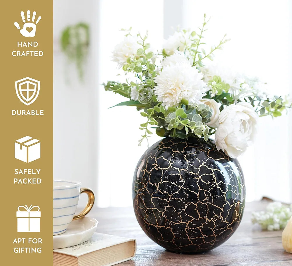 Behoma Metal Ball Vase for Home Decor Black Crackled Medium Flowers not Included