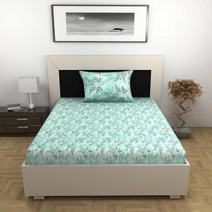 Divine Casa 144 TC 100% Cotton Single Bedsheet with 1 Pillow Cover Floral Pattern Colour Aqua Mist