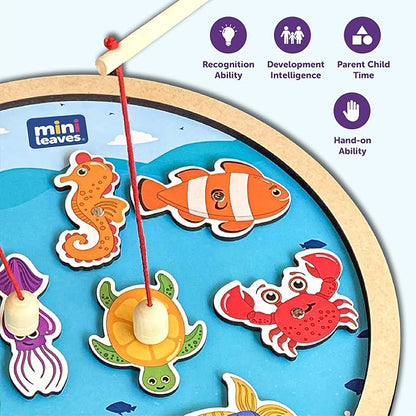 Mini Leaves Fishing Tray Wooden Round Fish Catching Tray Magnetic Fishing Game for Kids Fishing Toy Educational Toys | 10 Pieces