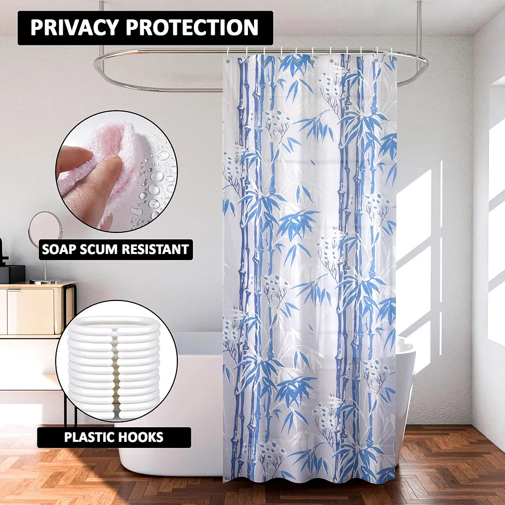 Kuber Industries Shower Curtain Bathroom Shower Curtain 8 Rings Curtain Bamboo Print Blue