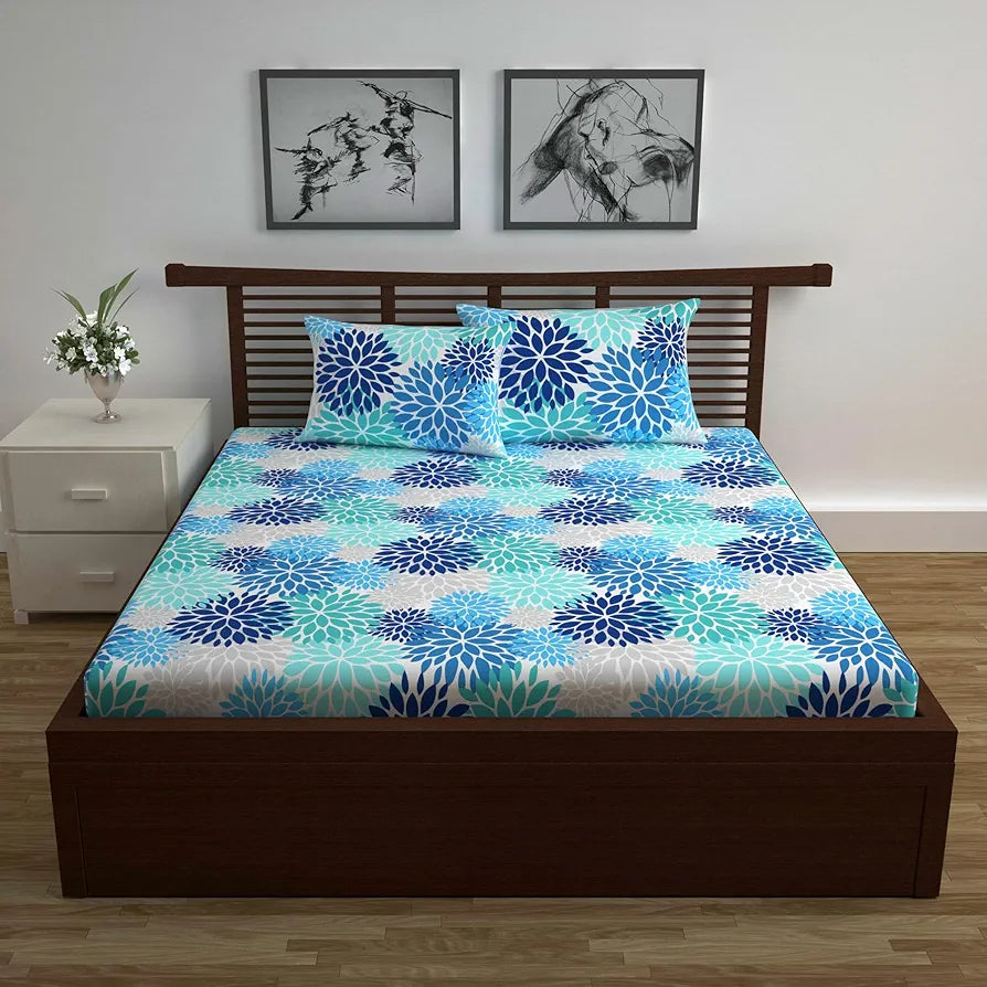 Divine Casa 144 TC Super Soft 100% Cotton Bedsheet for Double Bed  144 Thread Count Floral Colour Blue Aqua