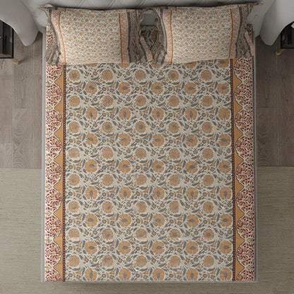Cloth Fusion 186tc Glace Cotton Elastic Fitted Bedsheet for Double Bed King Size with 2 Pillow Covers Floral Beige