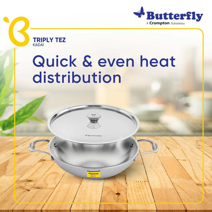 Butterfly Tez Triply Kadai with Lid | 26 CM | 3 Litre| Stay Cool Handle | Induction Compatible