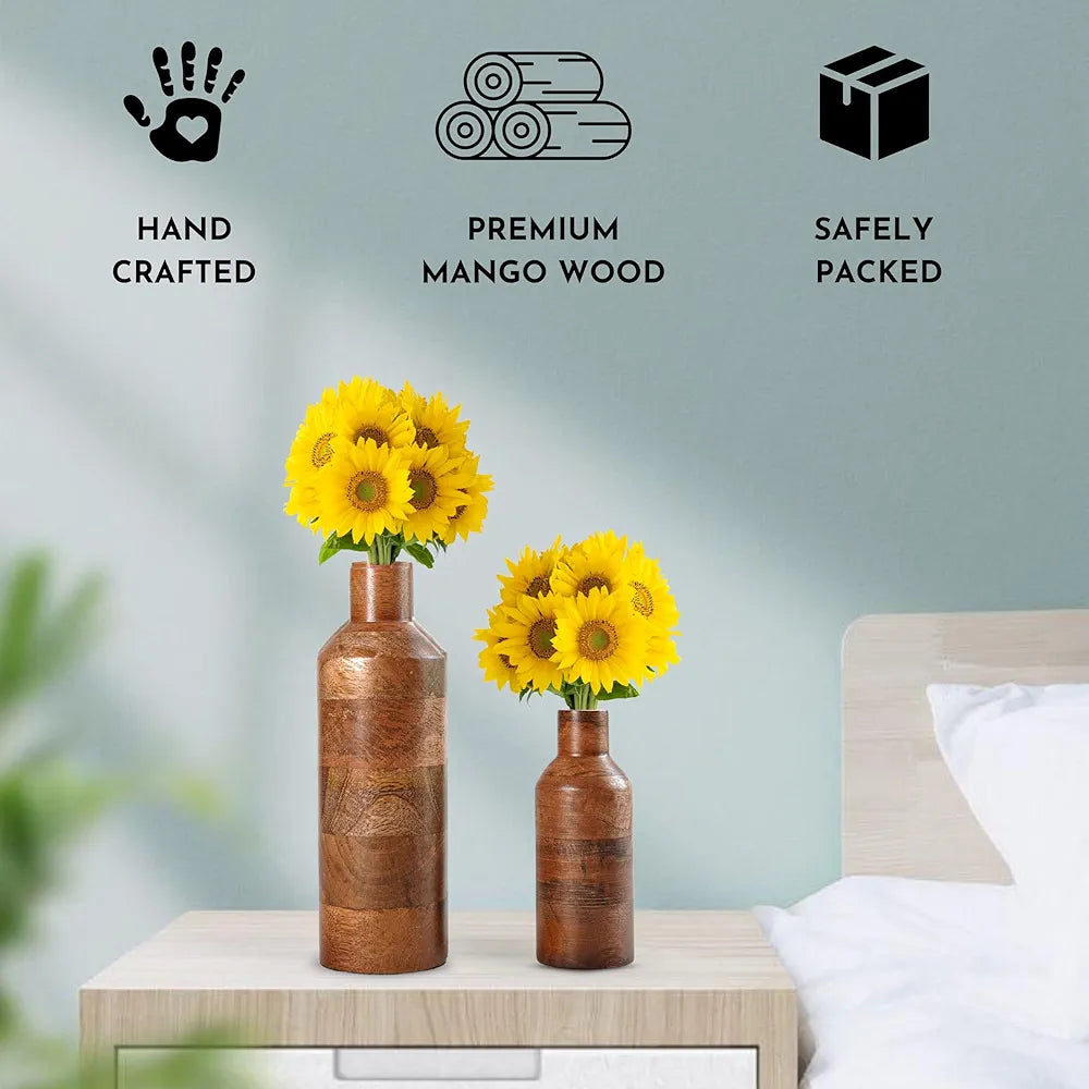 Behoma Wooden Flower Vase Set of 2 Bottle Shape Mango Wood Vases Walnut Dark Brown Flowers not Included