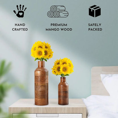 Behoma Wooden Flower Vase Set of 2 Bottle Shape Mango Wood Vases Walnut Dark Brown Flowers not Included