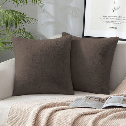 Luxe Home Cushion Cover One Side Rabbit Fur Plain Design Covers Set of 2 Colour Cocoa