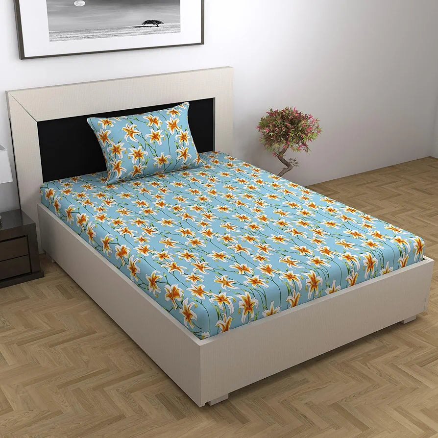 Divine Casa 100% Cotton Bedsheet for Single Bed 144 TC Bedsheet Single Size Bed Cotton with 1 Pillow Cover Colour Soft Sky Blue