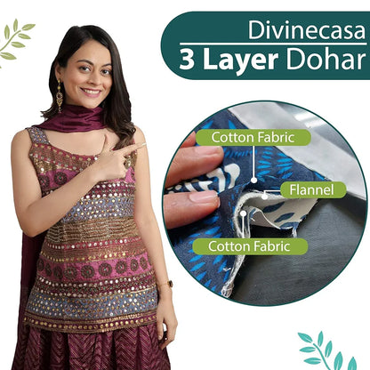 Divine Casa Floret 100% Cotton Double Dohar 120 GSM Soft & Lightweight Throw Blanket Colour Green Blue
