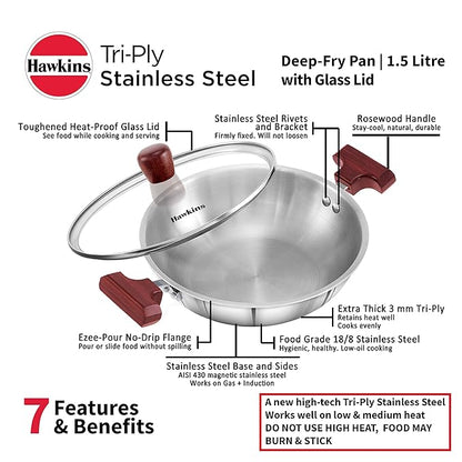 Hawkins 1.5 Litre Deep Fry Pan Triply Stainless Steel Kadai with Glass Lid