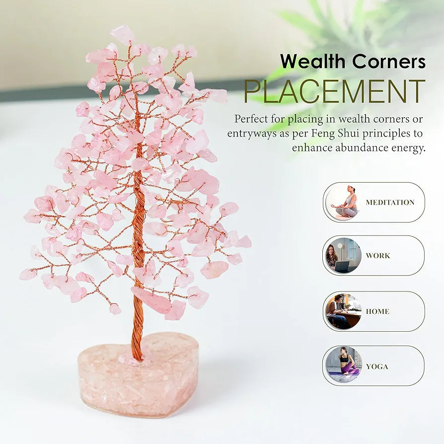 Zaicus Rose Quartz Crystal Bonsai Tree with Heart Base – Handmade Feng Shui Tree