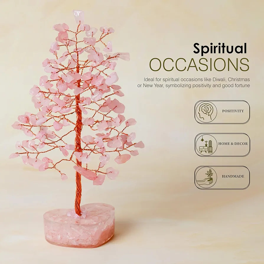 Zaicus Rose Quartz Crystal Bonsai Tree with Heart Base – Handmade Feng Shui Tree
