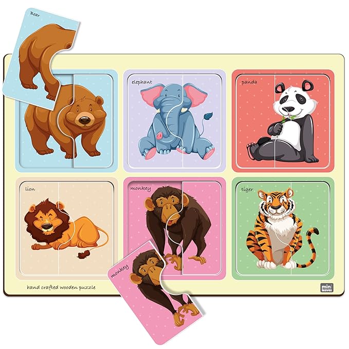 Mini Leaves 2 Piece Puzzle for Kids | Safari Animals Jigsaw Puzzle | Set of 6 Wooden Puzzles for Kids | Educational Toys for Kids