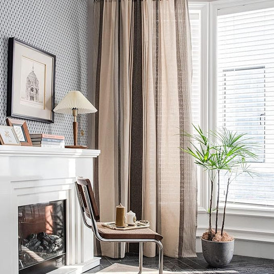 Huesland Cotton Curtains for Door, 7 Feet Long 1 Bohemian Eyelet Curtain | Beige & Grey Stripes