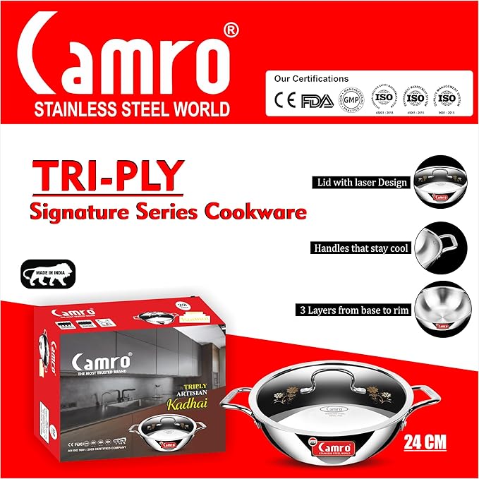 Camro Tripro Triply Signature Kadhai with lid 24 Cm 2.4 Liters Capacity Stainless Steel Lid for Curry