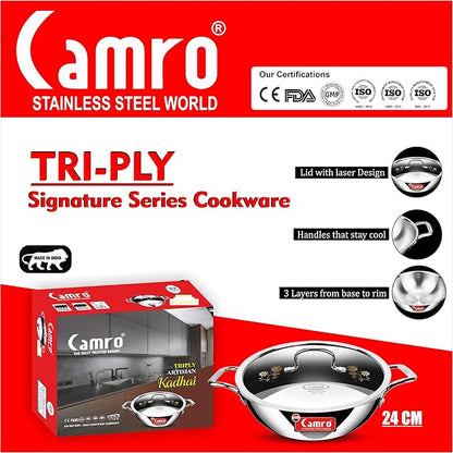 Camro Tripro Triply Signature Kadhai with lid 24 Cm 2.4 Liters Capacity Stainless Steel Lid for Curry