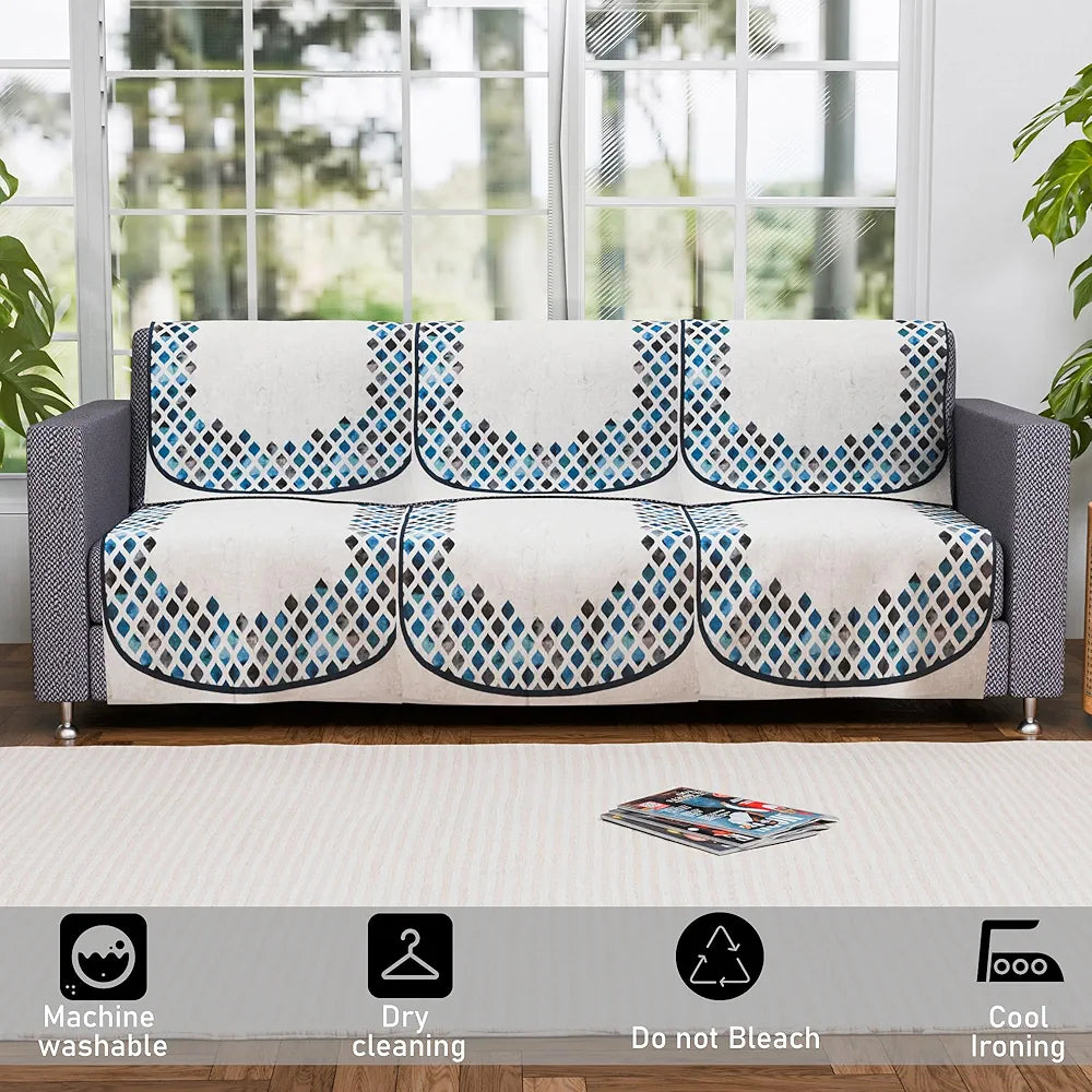 Kuber Industries Set of 6 Velvet 3 Seater Sofa Covers for Living Room Dot Border Grey & Blue