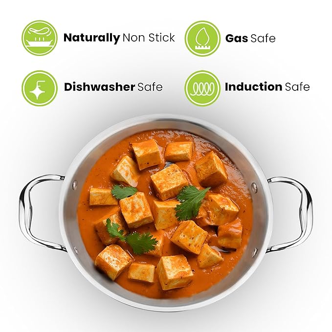 Allo Triply Stainless Steel Kadhai with Handles Perfect Kadhai for Curry 20cm 1.5 litres Without lid