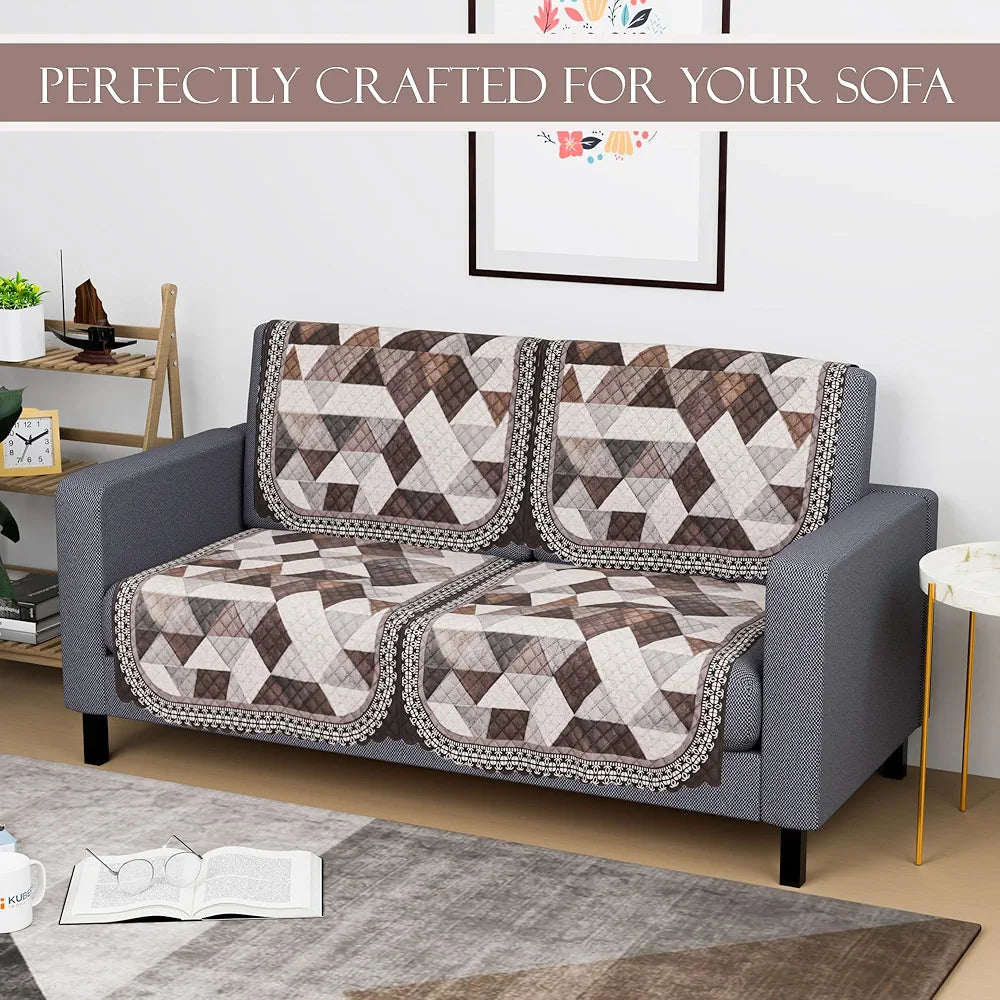 Kuber Industries Set of 4 Durable 2 Seater Sofa Cover Triangle Print White & Brown