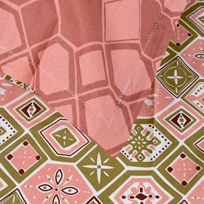 Divine Casa Pure Cotton Single Bed Printed Bedsheet with 1 Pillow Covers Nordic Hexa Pattern Colour Blush & Olive