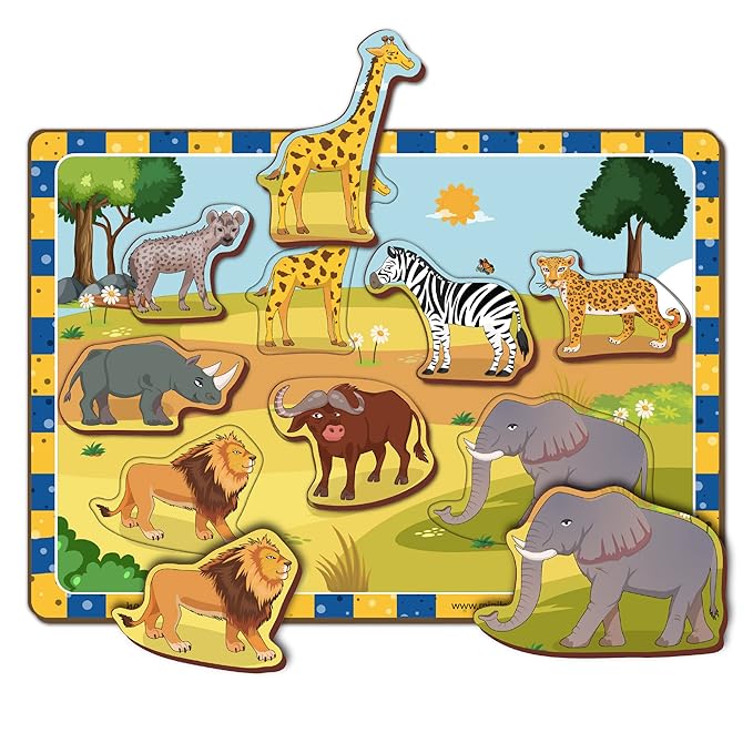 Mini Leaves Wooden Chunky Puzzle (2+ Years) - Learning Puzzle Toy Preschool Education Gift for Boys and Girls Wild Animal