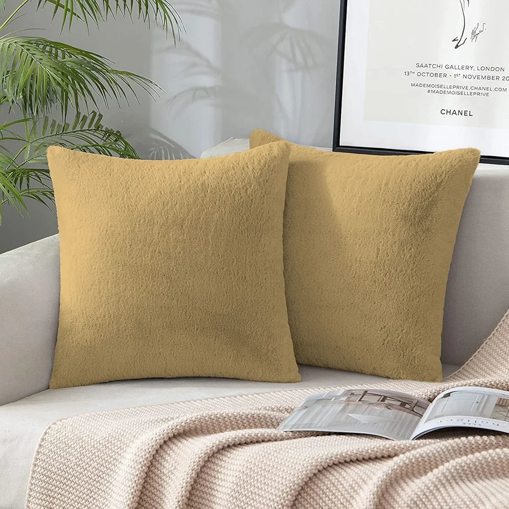 Luxe Home Cushion Cover One Side Rabbit Fur Plain Design Covers Set of 2 Colour Anti Gold