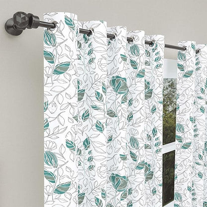Haus & kinder Cotton Curtains Set of 2 for Bedroom Window Door Curtains | Colour Blooming Roses Aqua