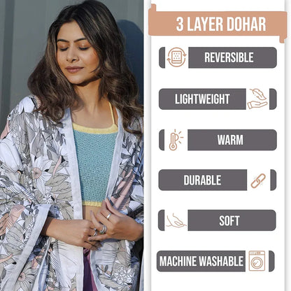 Divine Casa 100% Cotton Reversible Double Bed Dohar Soft & Lightweight AC Blanket Colour Floristry Slate & Coral