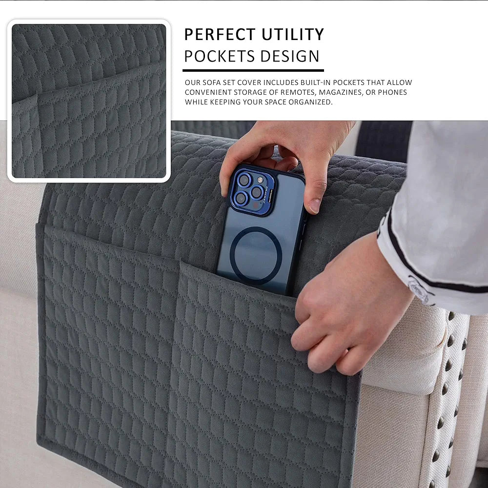 Kuber Industries Soft Velvet Quilted Single Seater Sofa Cover with Pocket Arms Frill Grey