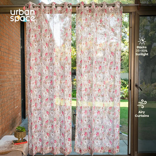 Urban Space Printed Sheer Curtains for Door 7 feet Light Filtering Textured Decorative Curtains with Eyelets and TieBack for Living Room, Set of 2 Sheer Curtains Flora Nova Grey Sheer