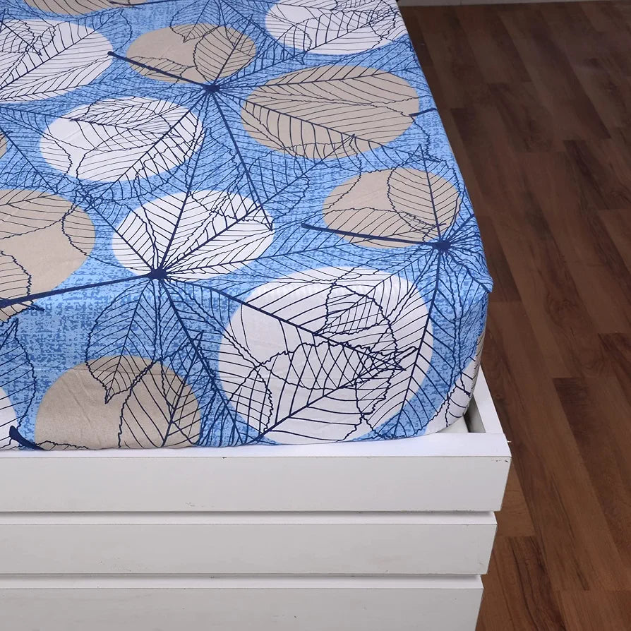 Divine Casa 144 TC Cotton Fitted Bedsheet for Single Bed 100% Cotton Floral Blue Size Colour Lichen Blue