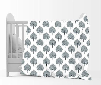 Divine Casa 120 GSM Microfiber Single Kids Dohar Soft & Lightweight Throw Blanket Tree Motif Pattern Colour Navy Blue & White
