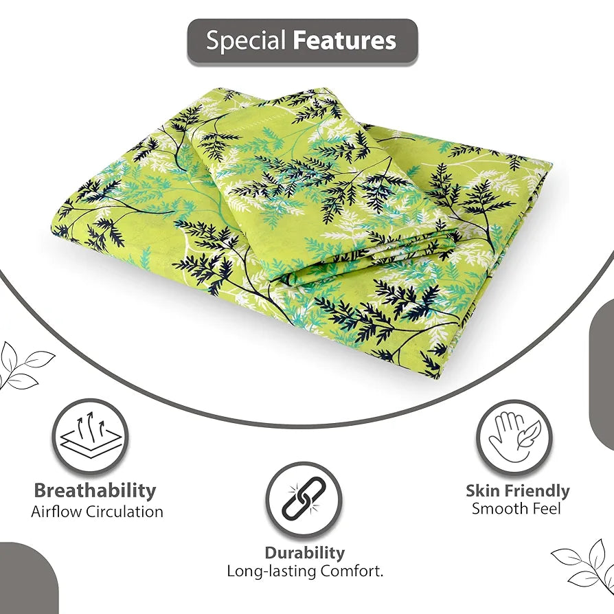 Divine Casa 144 TC 100% Cotton Double Bedsheet with 2 Pillow Covers Floral Pattern Colour Lime Breeze