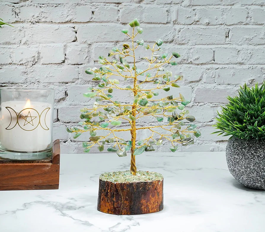 Crocon Green Aventurine Gemstone Money Tree Feng Shui Bonsai Golden Wire