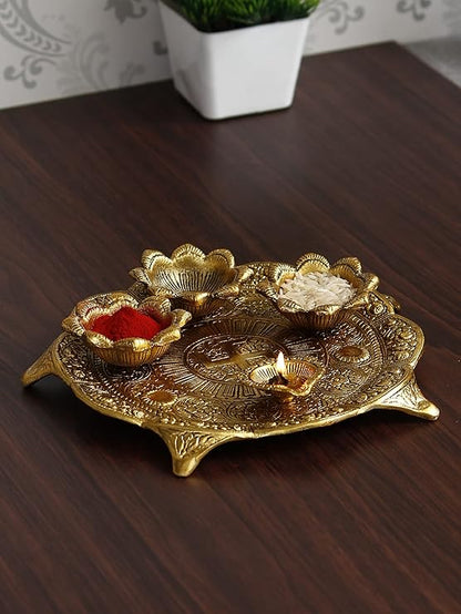 Ecraftindia Golden Metal Swastik Designer Pooja Thali With 3 Bowls and 1 Diya | Traditional Pooja Essential Set