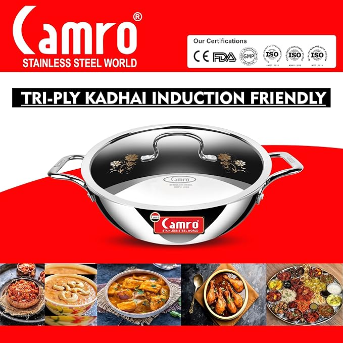 Camro Tripro Triply Signature Kadhai with lid 24 Cm 2.4 Liters Capacity Stainless Steel Lid for Curry