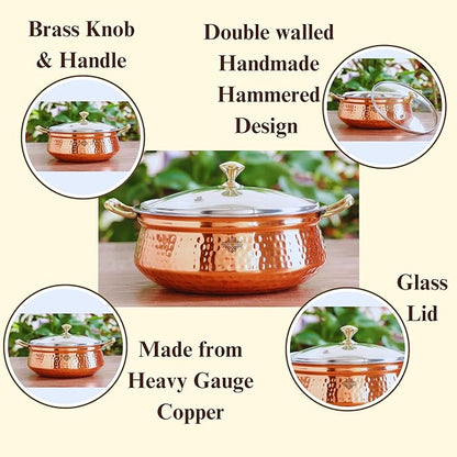 Indian Art Villa Steel Copper Hammered Design Handi casserole With Glass Lid