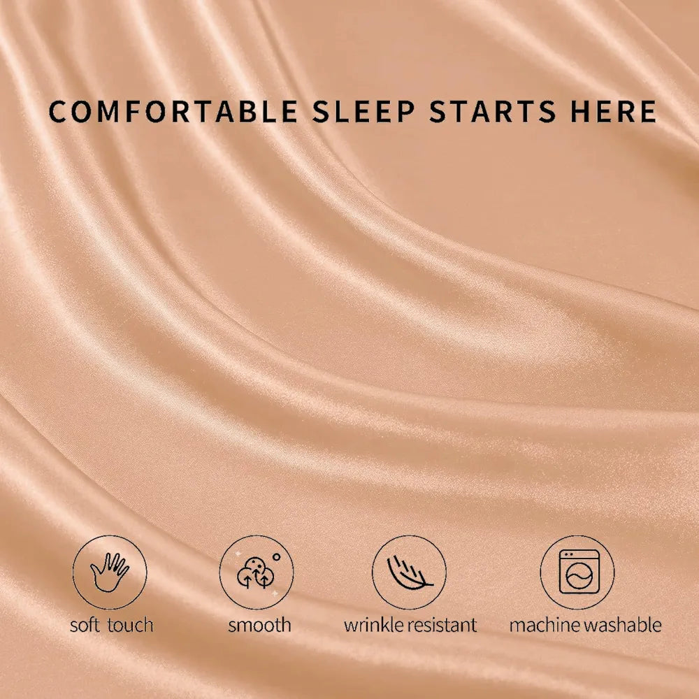 Cloth Fusion Satin Elastic Fitted Bedsheets Double Bed Luxury Queen Size Bed Sheet with 2 Pillow Covers Peach