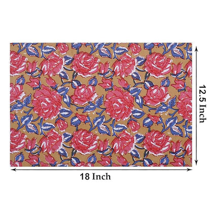 Texstylers Cotton Canvas Block Printed Jaipuri Rajasthani 1 Table Runner and 8 Placemat Set Mustard Red