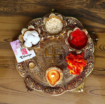 Chhariya Crafts Metal Pooja Thali with Diya for Home and Office Temple Puja Item