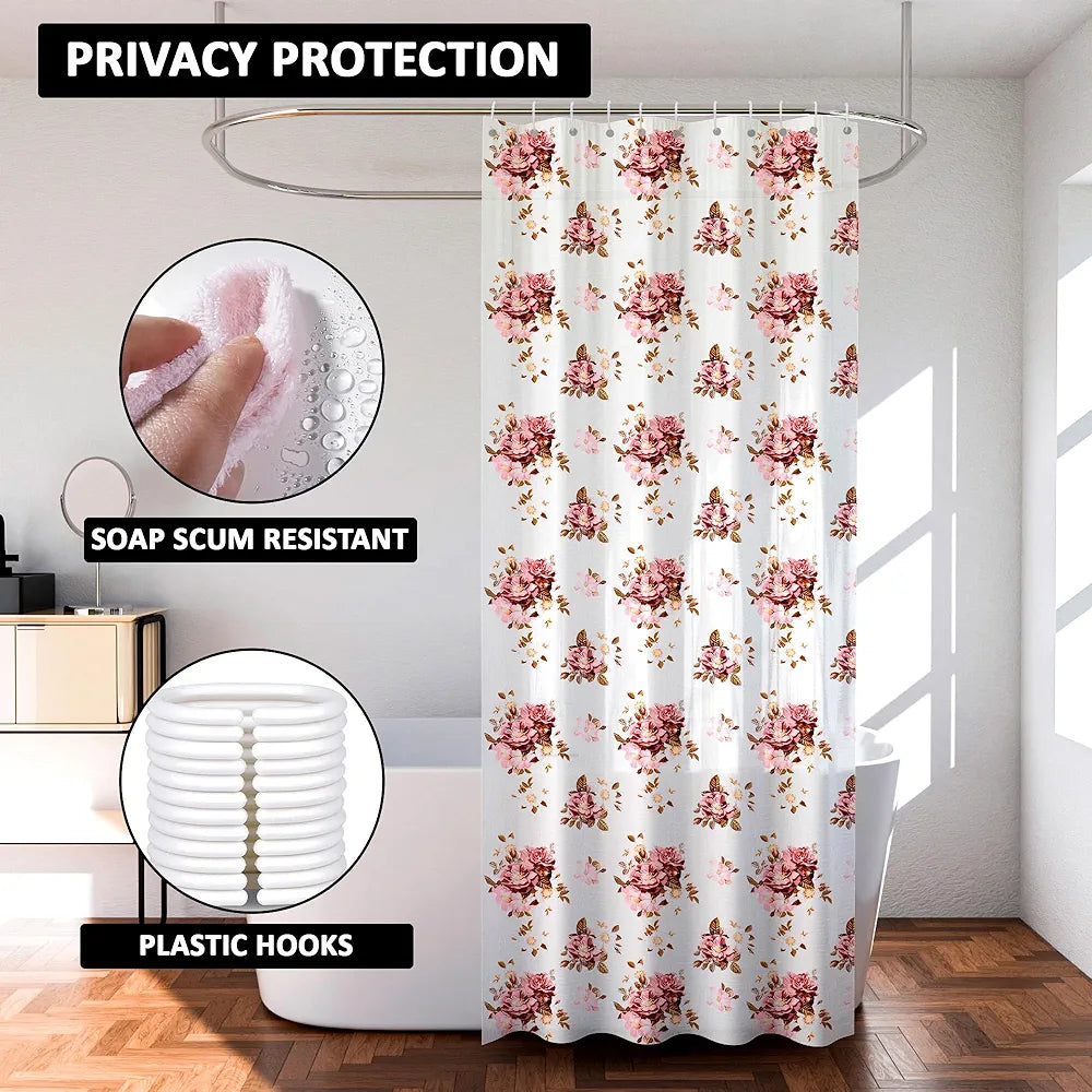 Kuber Industries Shower Curtain Bathroom Shower Curtain 8 Rings Curtain Pink Flower Transparent