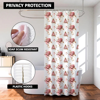 Kuber Industries Shower Curtain Bathroom Shower Curtain 8 Rings Curtain Pink Flower Transparent
