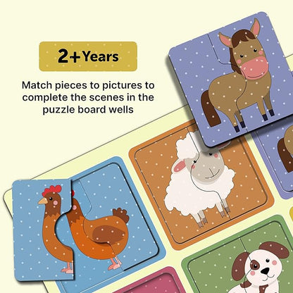 Mini Leaves 2 Piece Puzzle for Kids | Farm Animals Jigsaw Puzzle | Set of 6 Wooden Puzzles for Kids | Educational Toys for Kids
