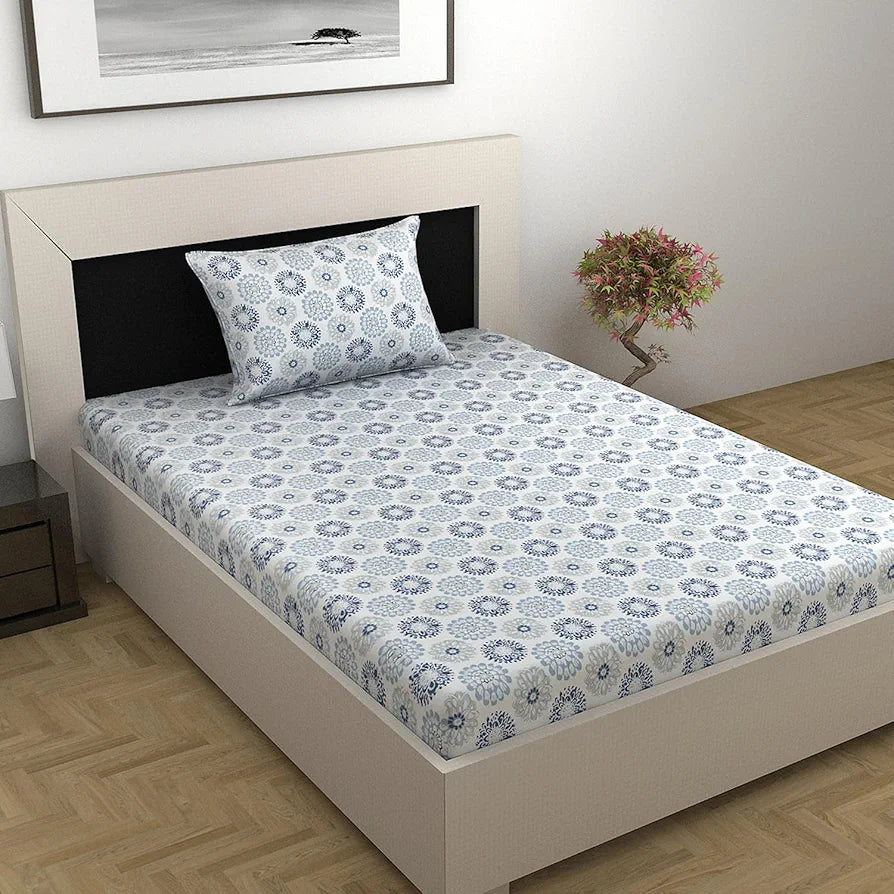 Divine Casa 100% Cotton Bedsheet for Single Bed 144 TC Bedsheet Single Size Bed Cotton with 1 Pillow Cover Colour Blue Beige
