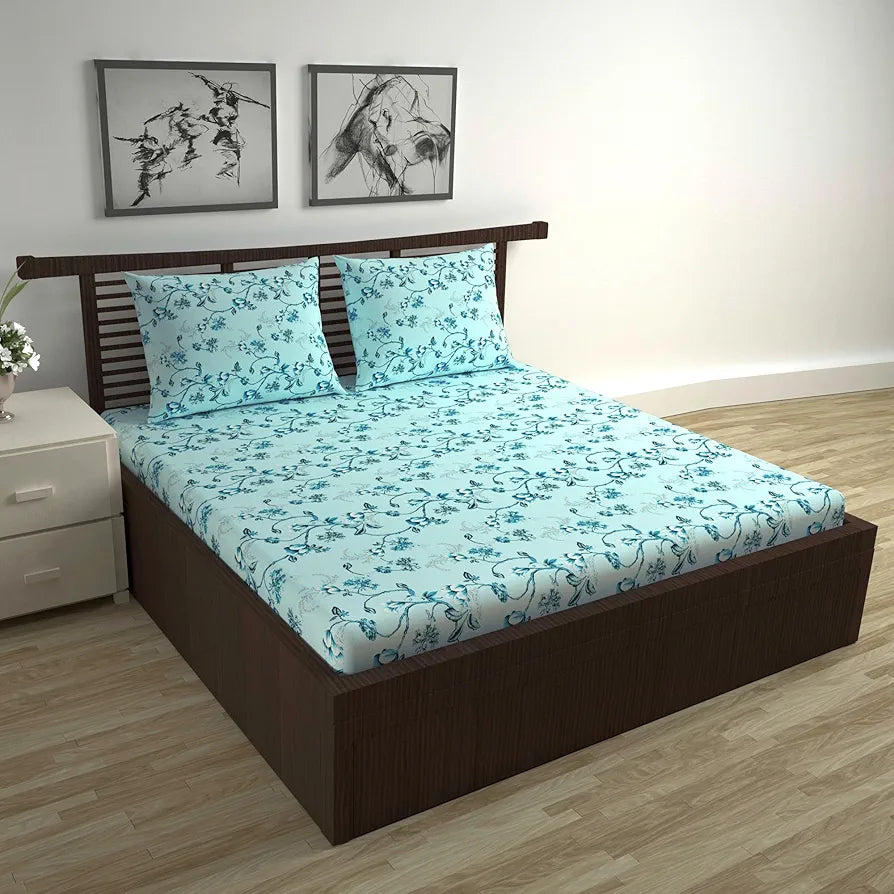 Divine Casa Floret 100% Cotton Double Fitted Bedsheet 144 TC Colour Winter Fern
