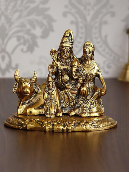 Ecraftindia Golden Metal Handcrafted Lord Shiva, Parvati, Kartik, and Ganesha Idol Sitting on Nandi Animal